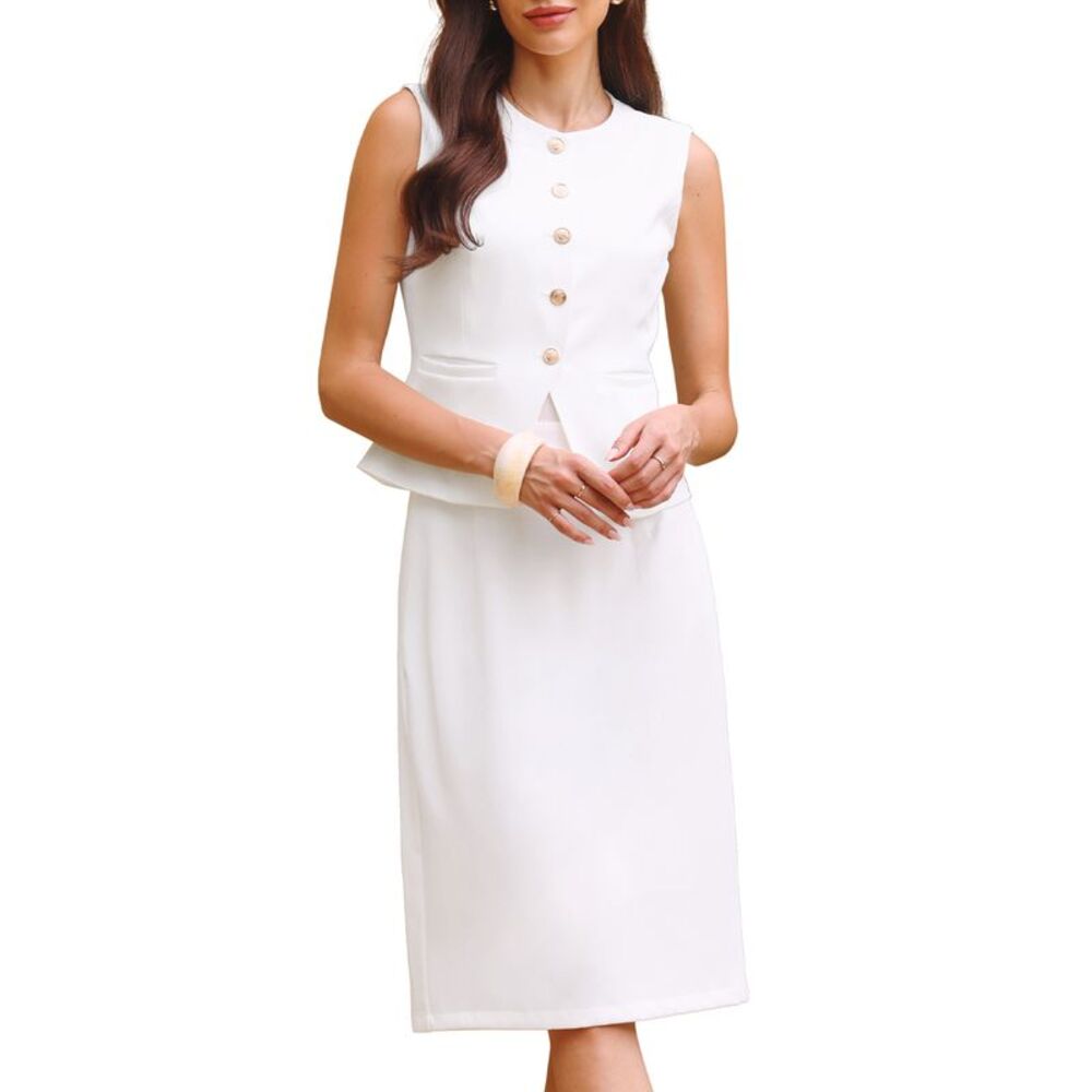 Women Summer Business Sleeveless Vest and Pencil Suit Set Skirt White